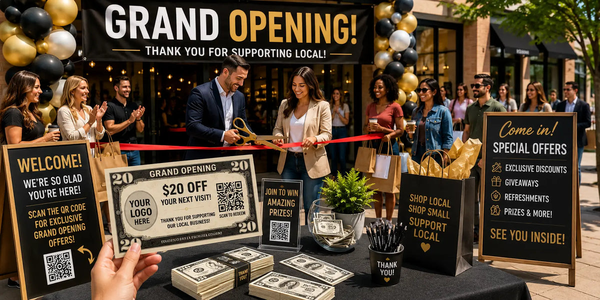 Grand opening ribbon-cutting event with customers, giveaway table, custom promotional money, QR code coupons, shopping bags, and local business special offers.