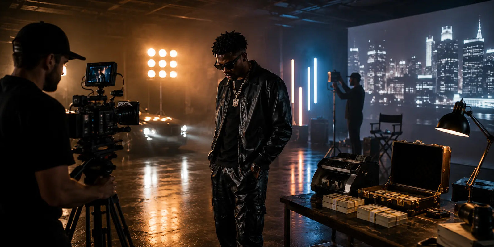 Independent music video production set with cinematic lighting, camera crew, luxury car, money counter, briefcase of realistic prop money, and artist filming a professional music video using production-ready cash props.