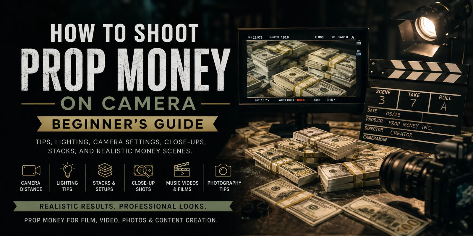 Cinematic film set with prop money stacks, camera gear, studio lighting, and a clapperboard for a beginner guide on shooting prop money on camera.