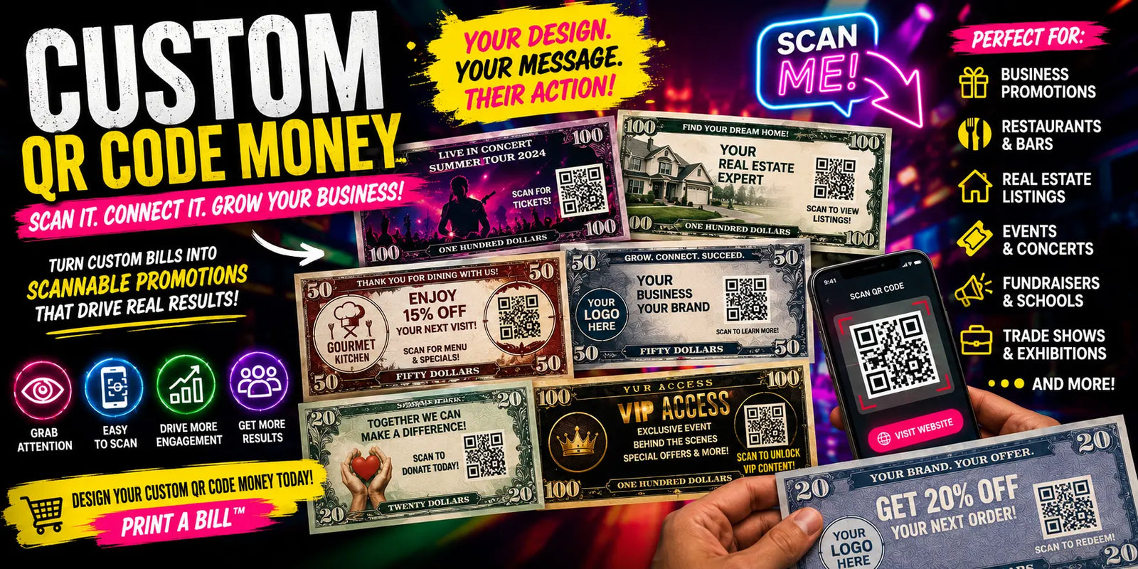 Custom QR code money bills with scannable designs for business promotions, restaurants, events, real estate, fundraisers, and trade shows