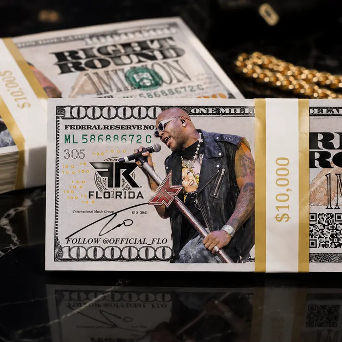 Custom Flo Rida million dollar prop money stacks produced by Prop Money Inc. for entertainment and media productions.