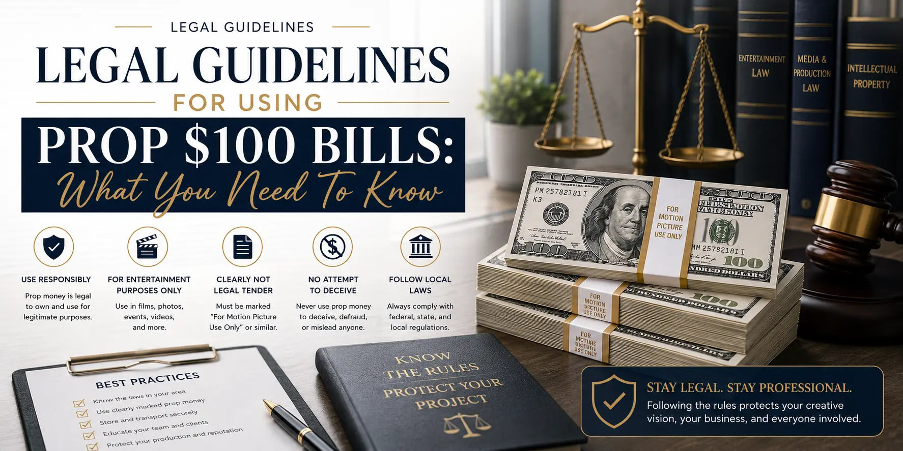 Legal prop 100 dollar bills used in movies, TV shows, music videos, and film productions for realistic cinematic cash scenes