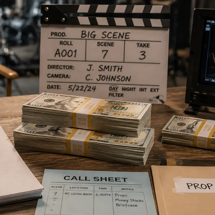 Realistic prop money stacks and cinematic cash props used in major movies, Netflix shows, HBO productions, music videos, and television filming