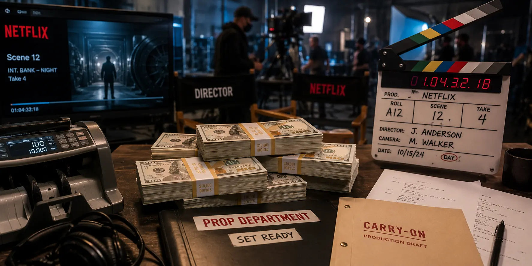 Realistic prop money stacks and cash bundles used in Netflix movie and TV productions for cinematic filming scenes