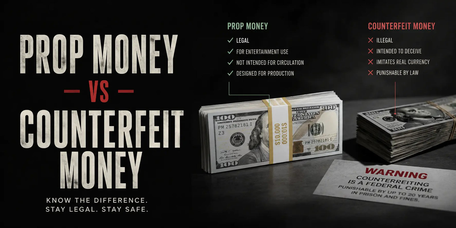 Stacks of realistic prop money used for entertainment productions beside legal warning indicators about counterfeit currency.