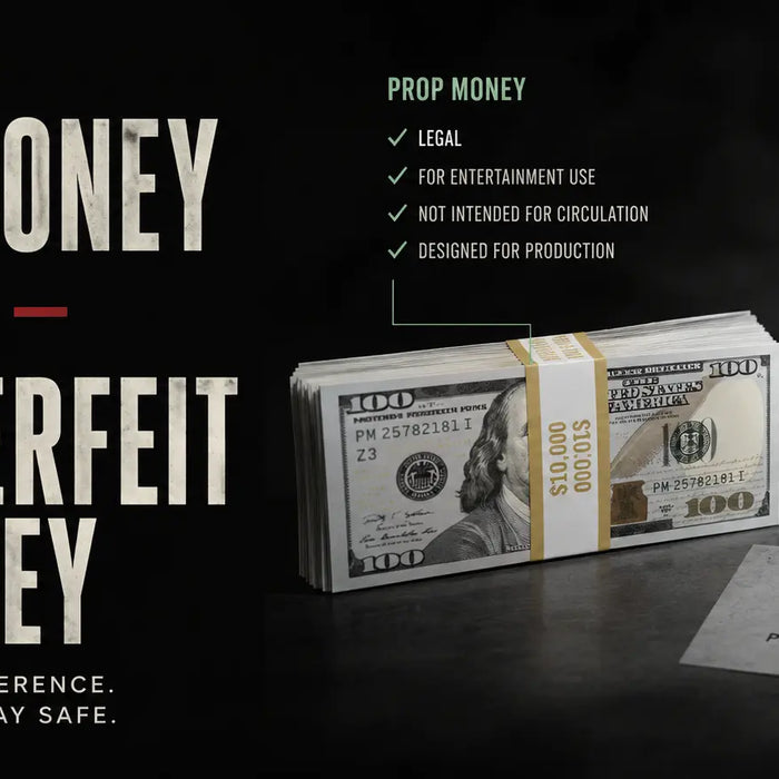 Stacks of realistic prop money used for entertainment productions beside legal warning indicators about counterfeit currency.
