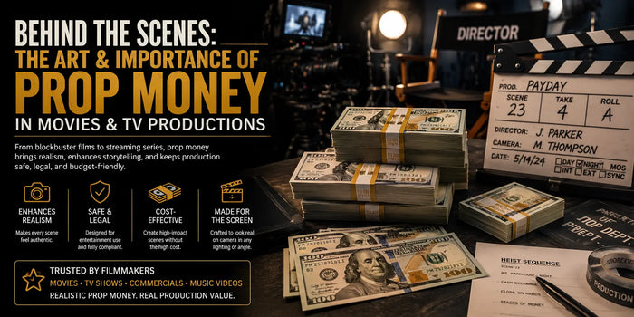 Realistic movie prop money stacks used in cinematic cash scenes for films, TV shows, crime dramas, casino scenes, and music video productions