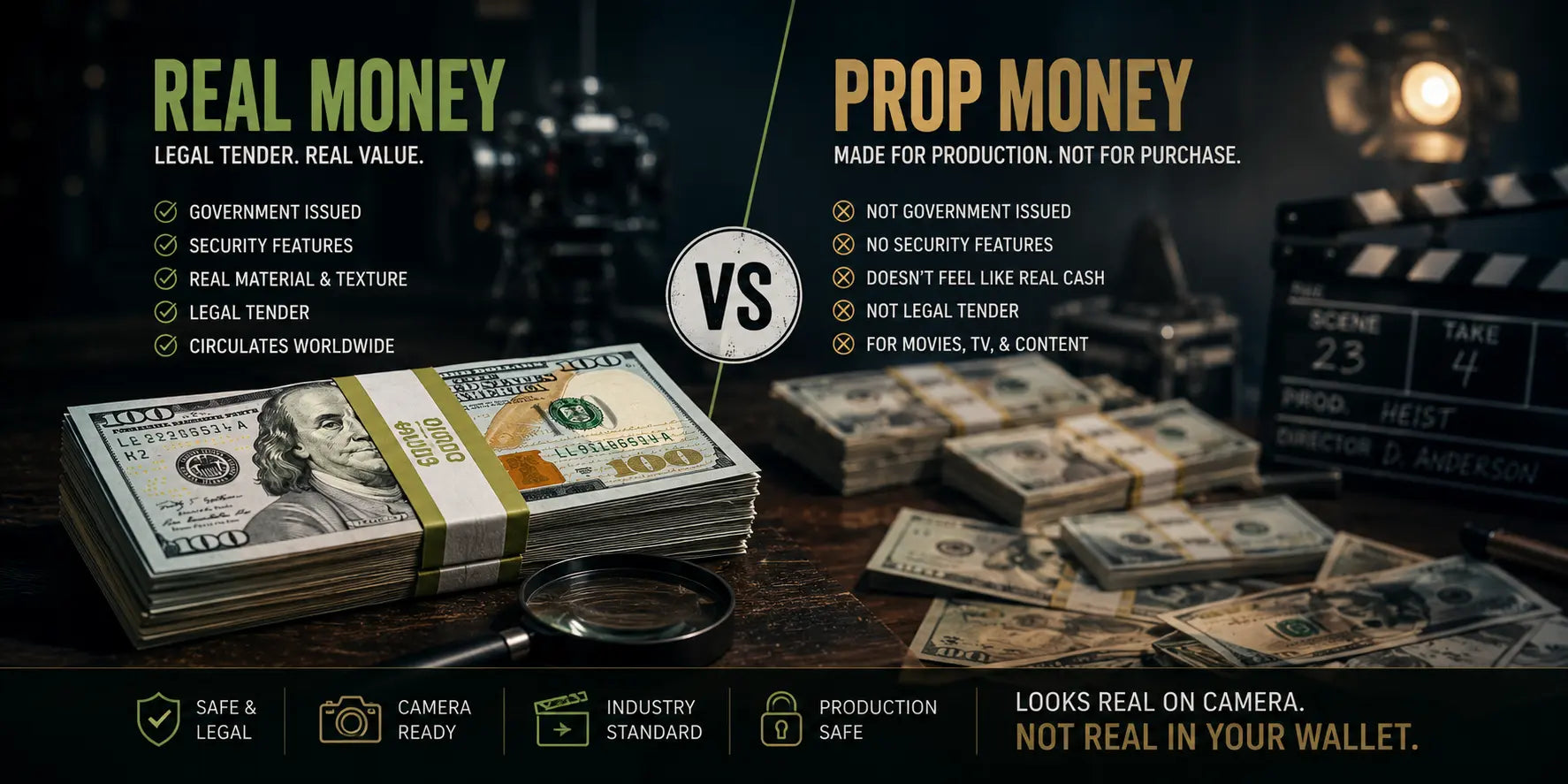 Movie prop money stacks and realistic fake cash used in films, TV shows, music videos, and cinematic entertainment productions