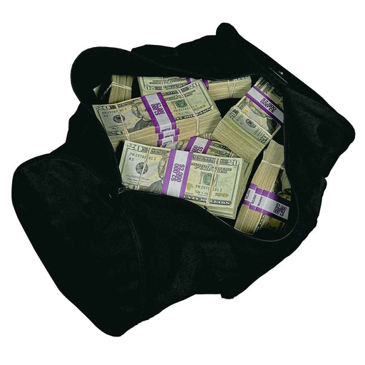 RealAged $102,000 blank filler prop money bundles and duffel bag