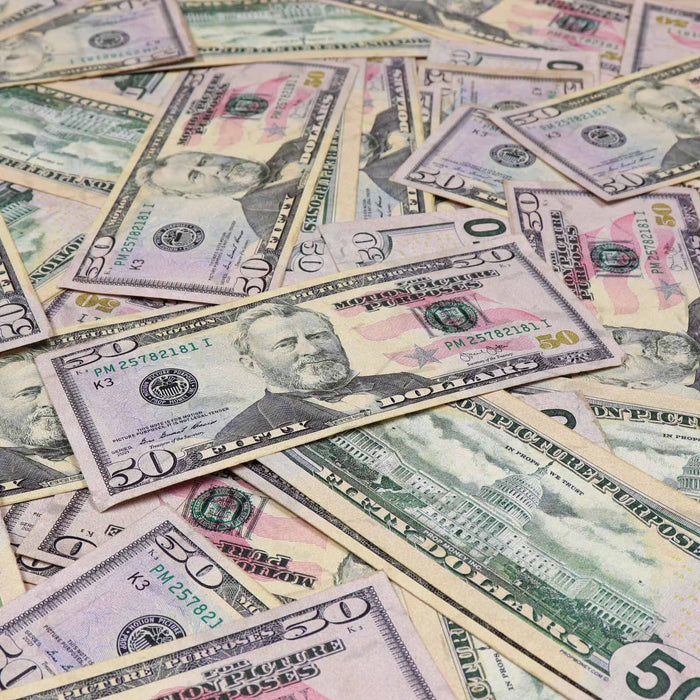 Realistic aged $50 prop money bills for film and photography