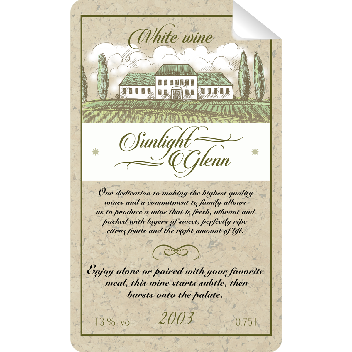 Sunlight Glenn Wine Bottle Self Prop Adhesive Label - Prop Money Inc.
