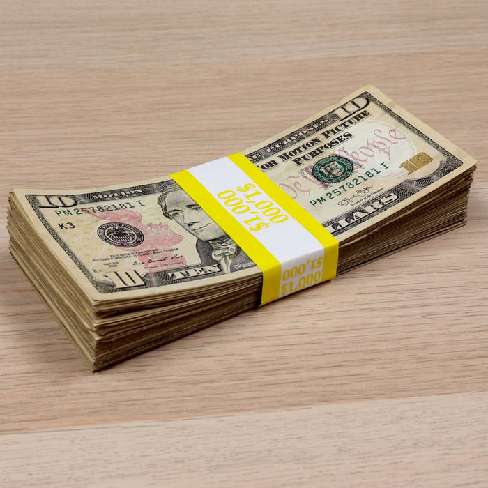 Stack of RealAged $10 prop money bills with full print detail